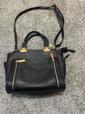 Black Leather Satchel with Gold Accents - Women's Convertible Crossbody